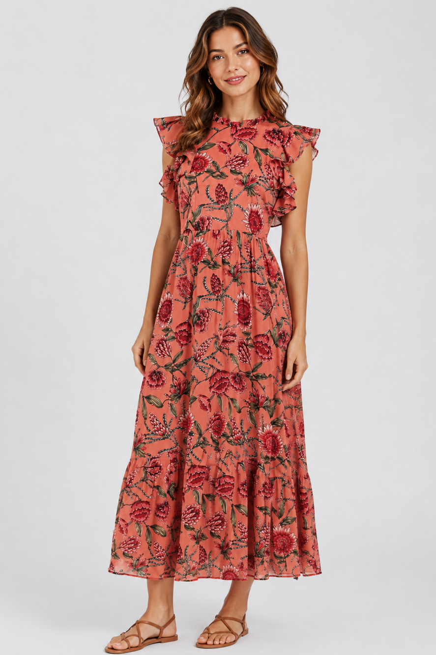 NEW BANJANAN Long Cotton Maxi Dress Small Hannah Protea Crabapple Floral Ruffle